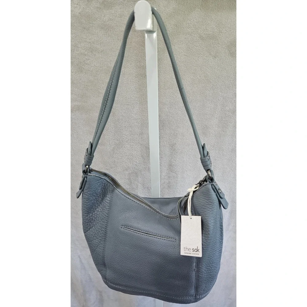 NWT The Sak Blue Pebbled Leather Hobo Shoulder Bag Slouchy Multi Pocket Zip - Picture 3 of 10